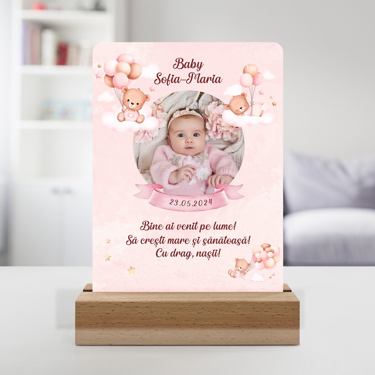 Lampă veghe LED personalizată cu poză și text - Baby Girl