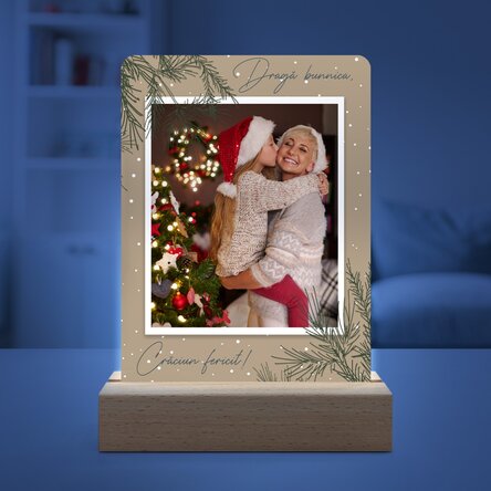 Lampă veghe LED personalizată cu o poză și text - Crenguțe de brad