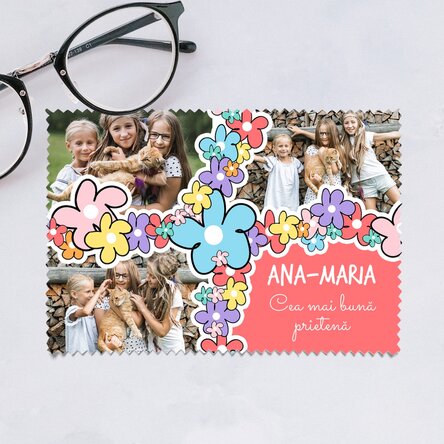 Lavetă personalizată cu 3 poze pentru curățare ecrane/ochelari - Doodle flowers