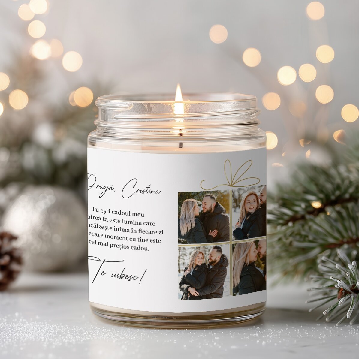Lumânare mare parfumată personalizată cu 4 poze și text - Cadou de Crăciun