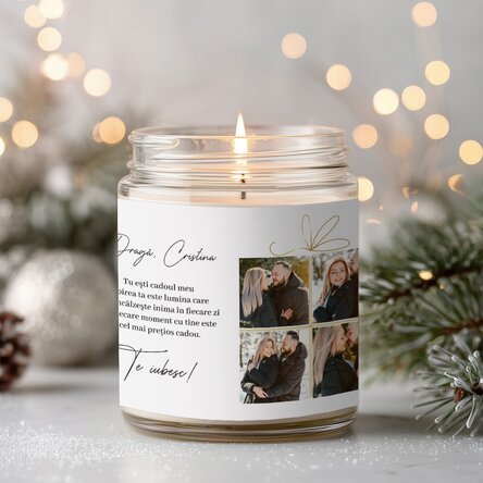 Lumânare mare parfumată personalizată cu 4 poze și text - Cadou de Crăciun
