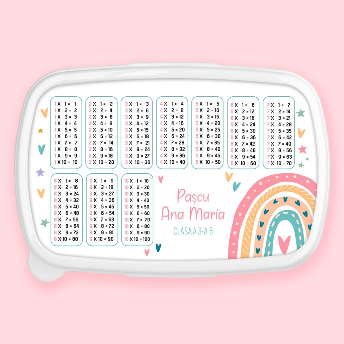 Lunch box, caserolă personalizat cu nume și tabla înmulțirii - Curcubeu
