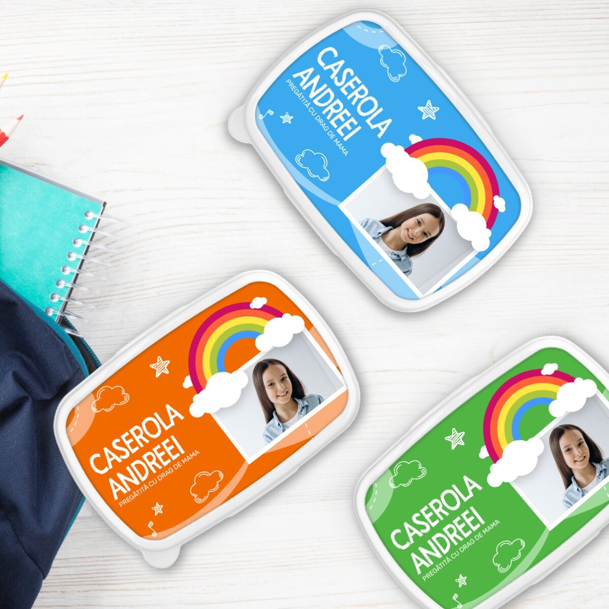 Lunch box, caserolă personalizat cu o poză și nume - Model curcubeu