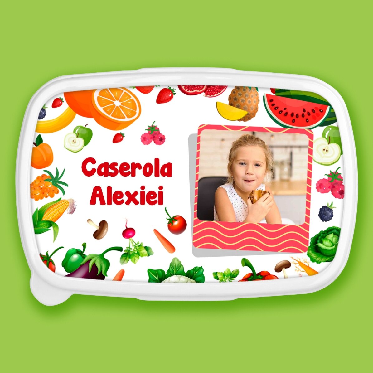 Lunch box, caserolă personalizat cu o poză și text - Fructe și legume