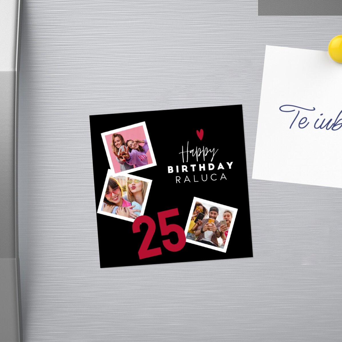 Magnet 10x10 personalizat cu 3 poze și text - La mulți ani!