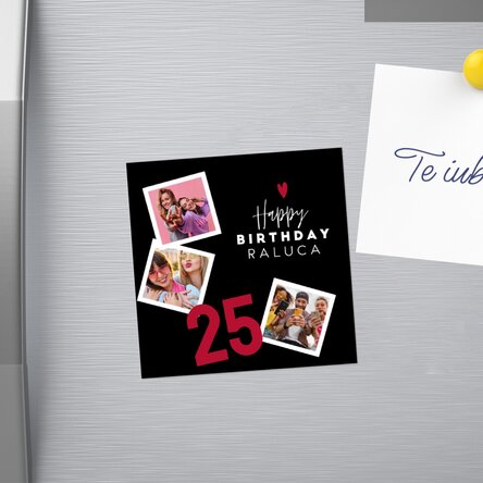 Magnet 10x10 personalizat cu 3 poze și text - La mulți ani!