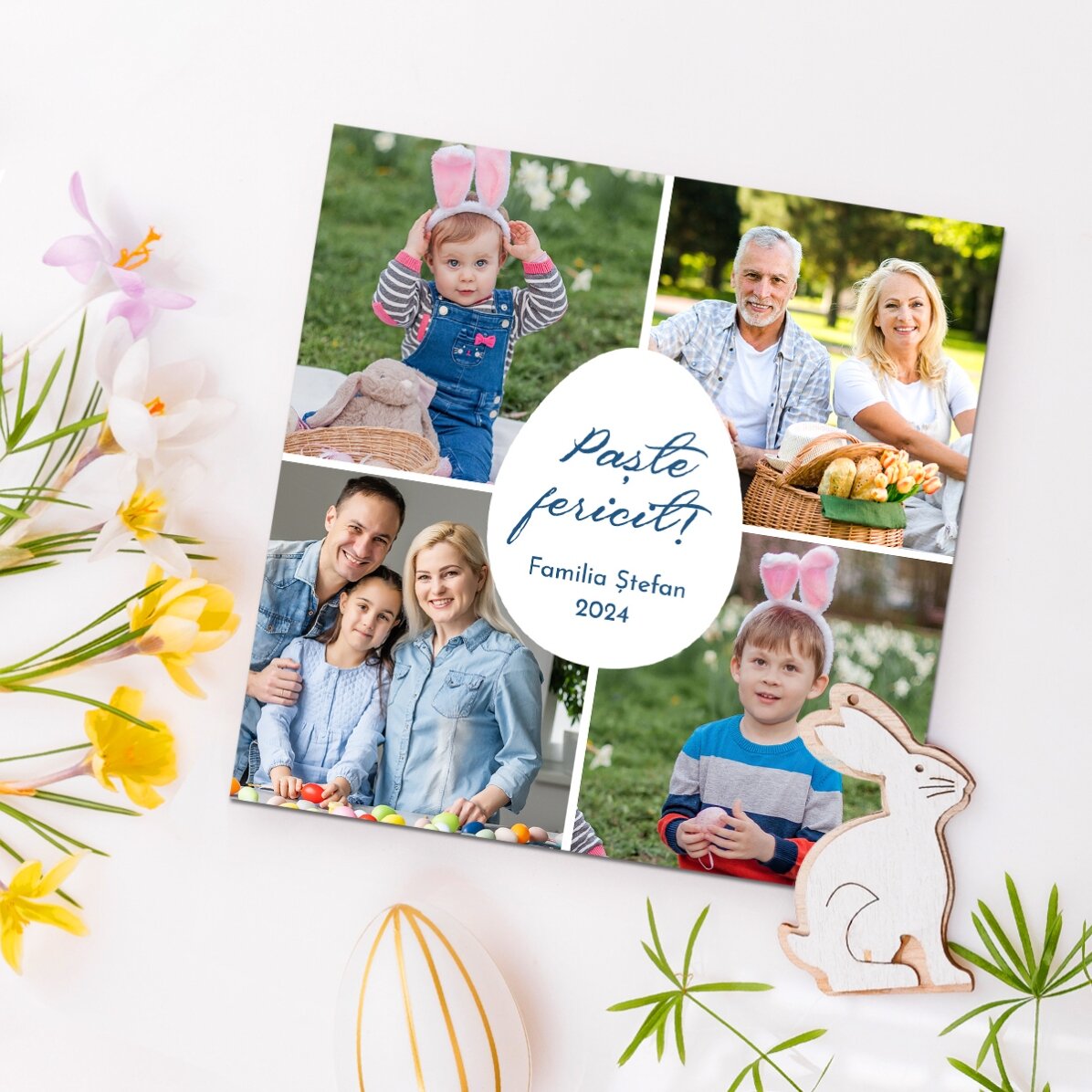 Magnet 10x10 personalizat cu 4 poze și mesaj - Paște fericit