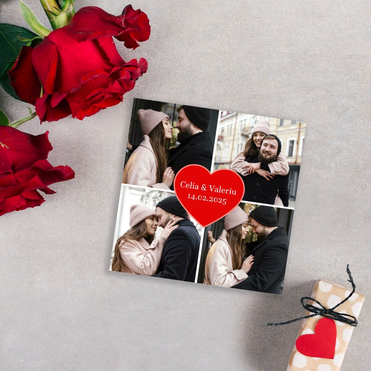 Magnet 10x10 personalizat cu 4 poze și text - Heart