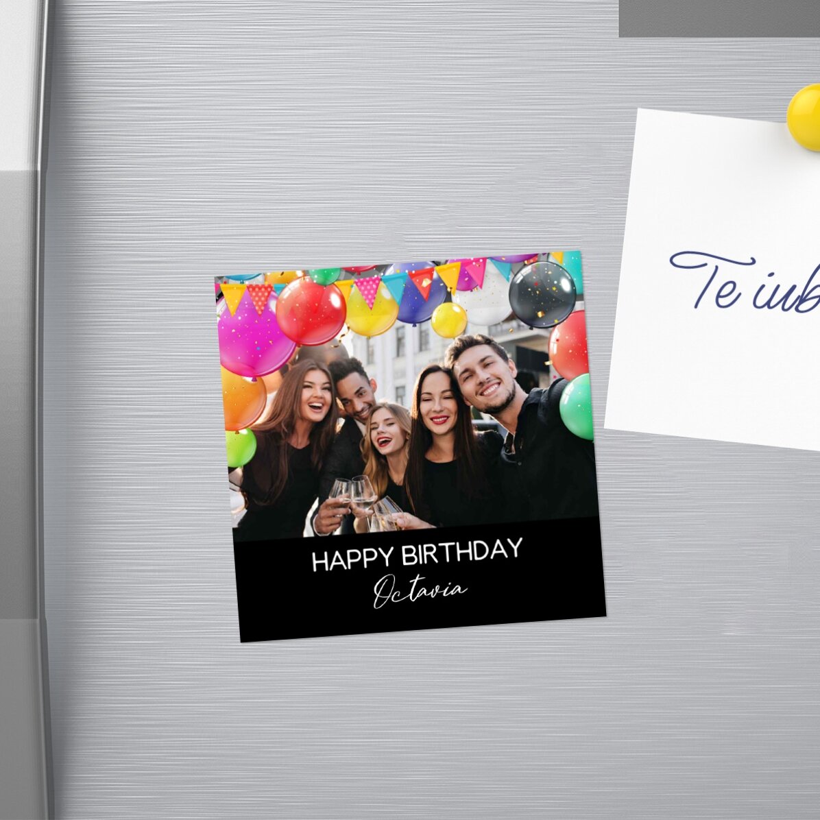 Magnet 10x10 personalizat cu o poză și text - Happy Birthday