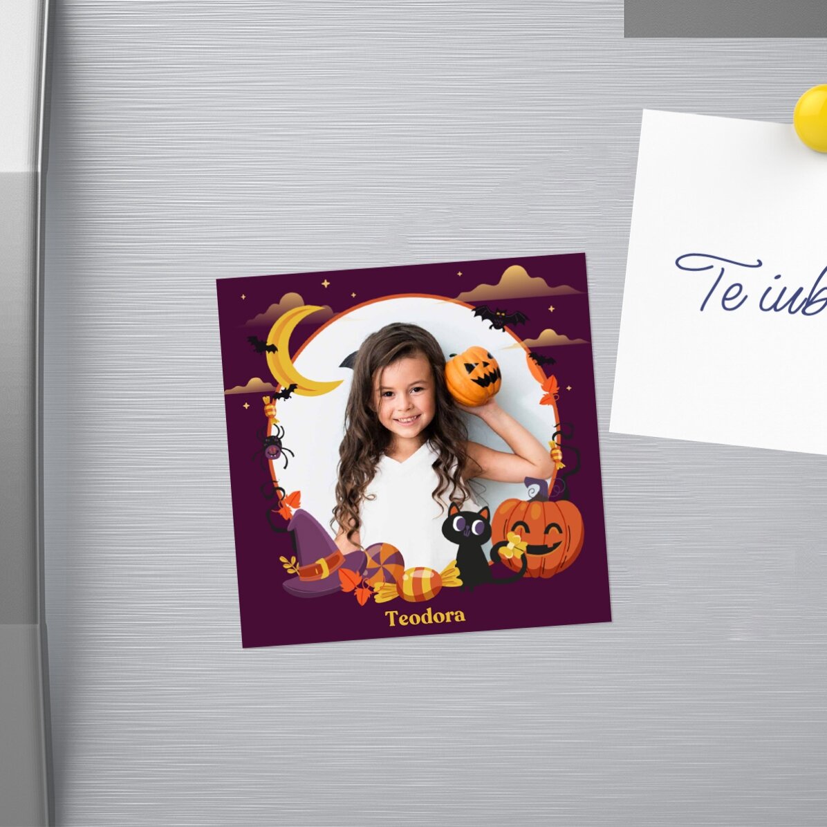 Magnet 10x10 personalizat cu o poză și text - Happy Halloween