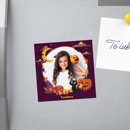 Magnet 10x10 personalizat cu o poză și text - Happy Halloween