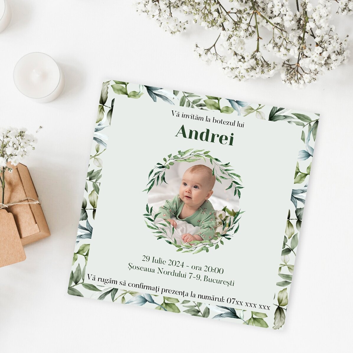 Magnet 10x10 personalizat cu o poză și text - Invitație Botez