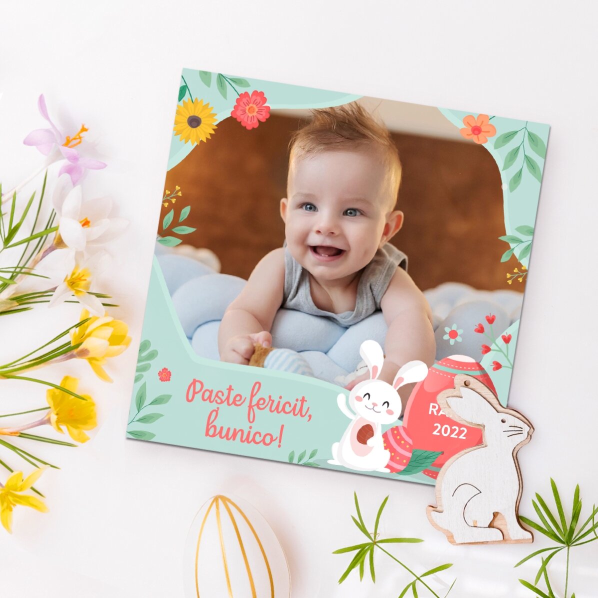 Magnet 10x10 personalizat cu o poză și text - Paște fericit