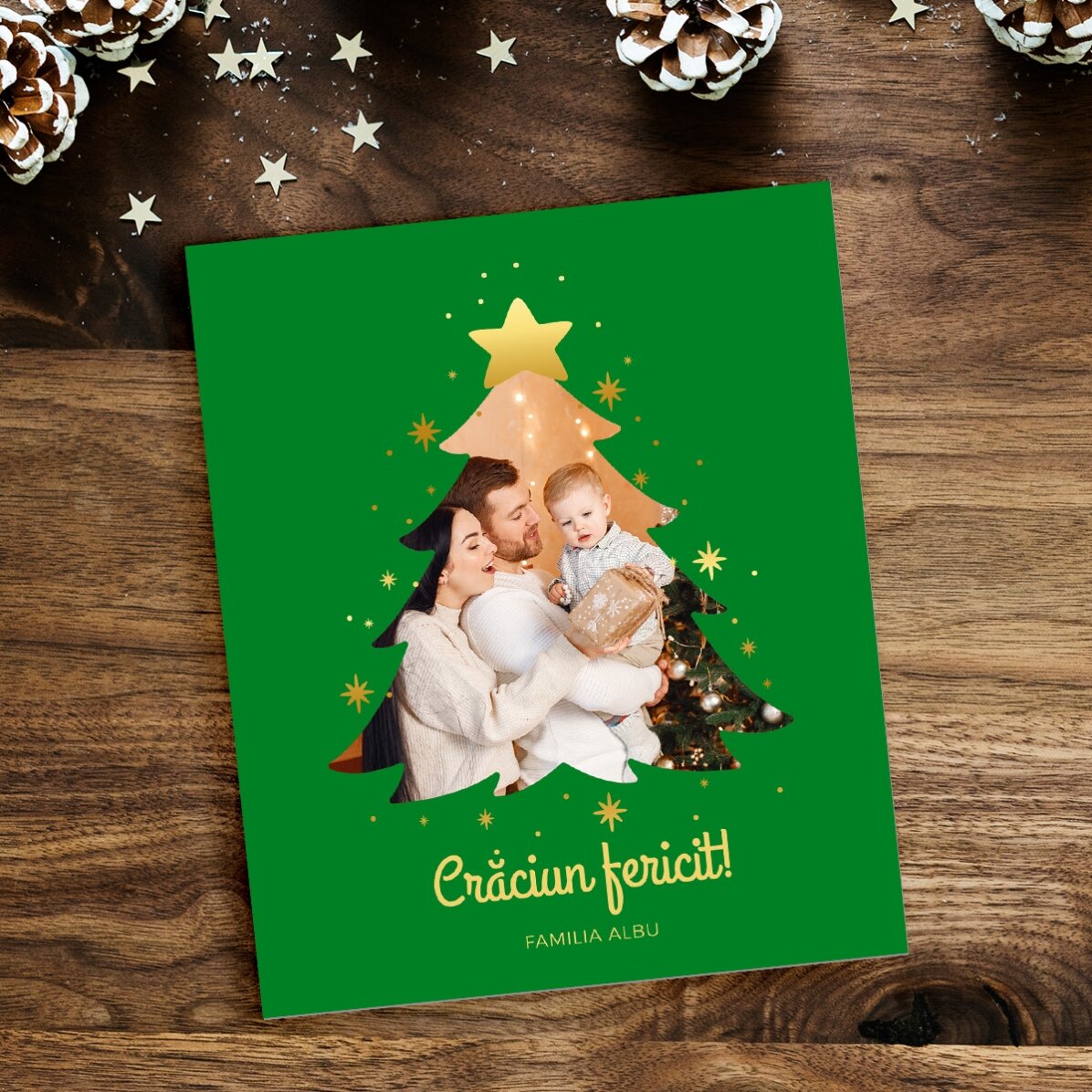 Magnet 10x12 cm personalizat cu poză de familie și mesaj - Brad de Crăciun