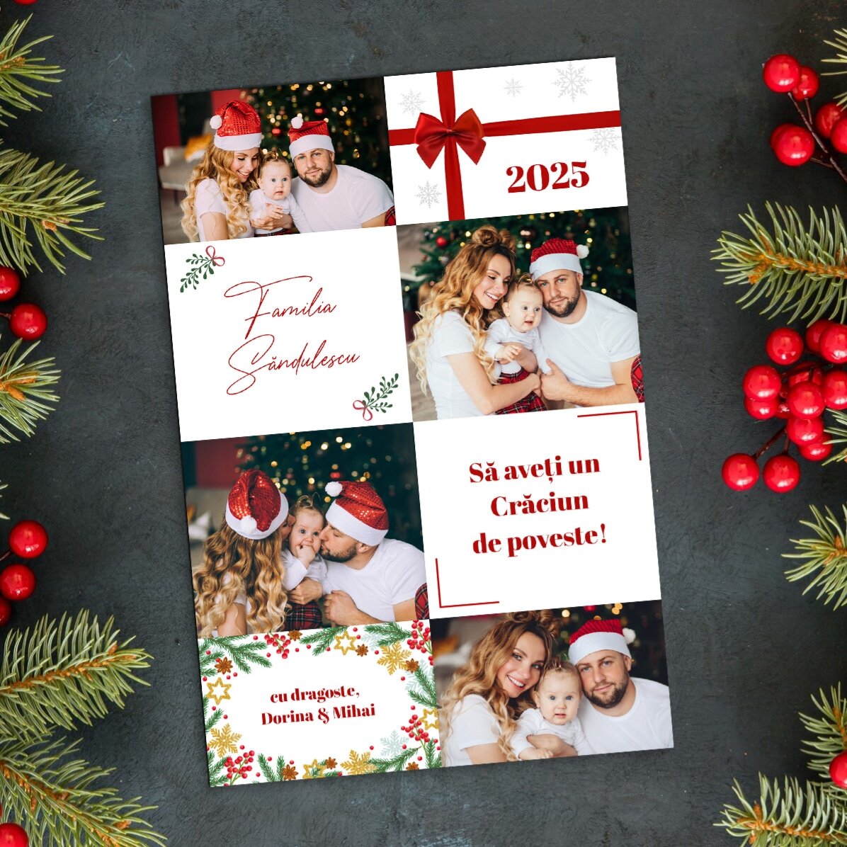 Magnet 10x15 cm personalizat cu 4 poze și text - Crăciun