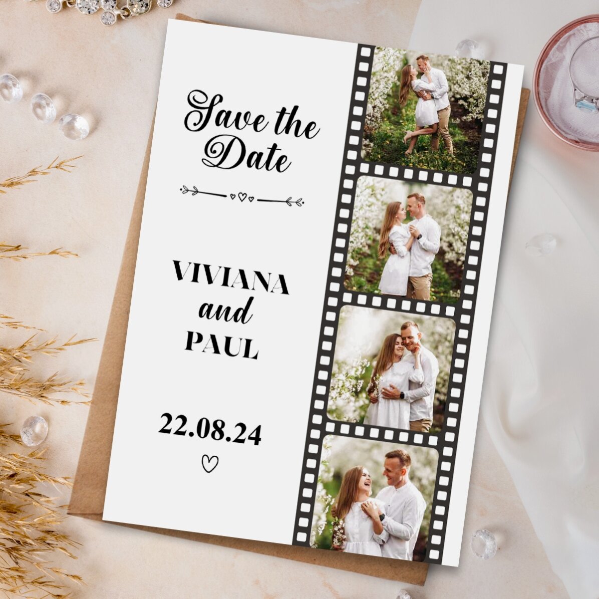 Magnet 10x15cm personalizat cu 4 poze și text - Save the date