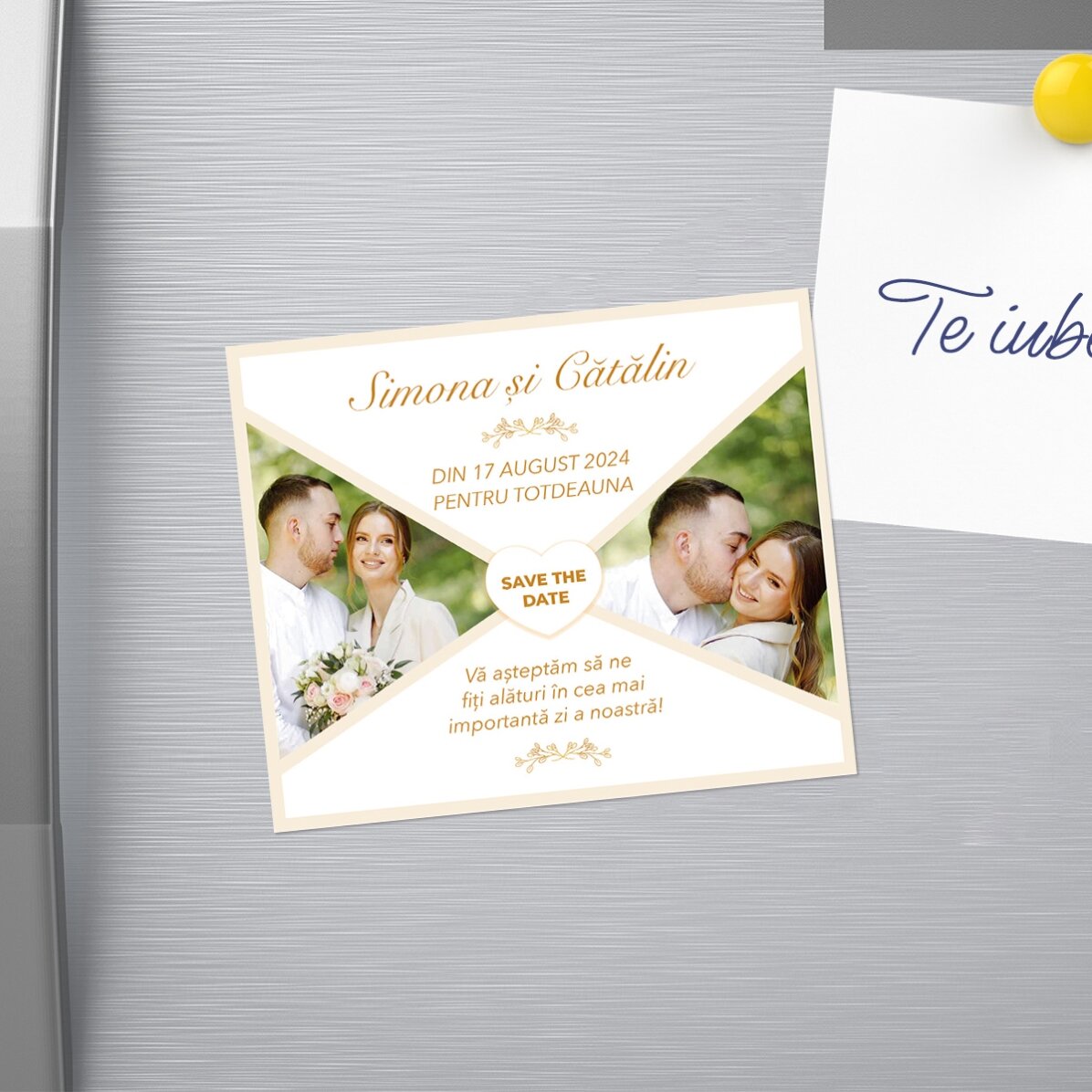 Magnet 12x10 cm personalizat cu 2 poze și text - Save the date
