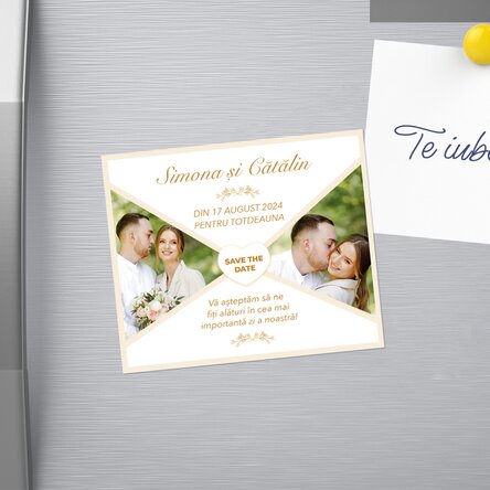 Magnet 12x10 cm personalizat cu 2 poze și text - Save the date