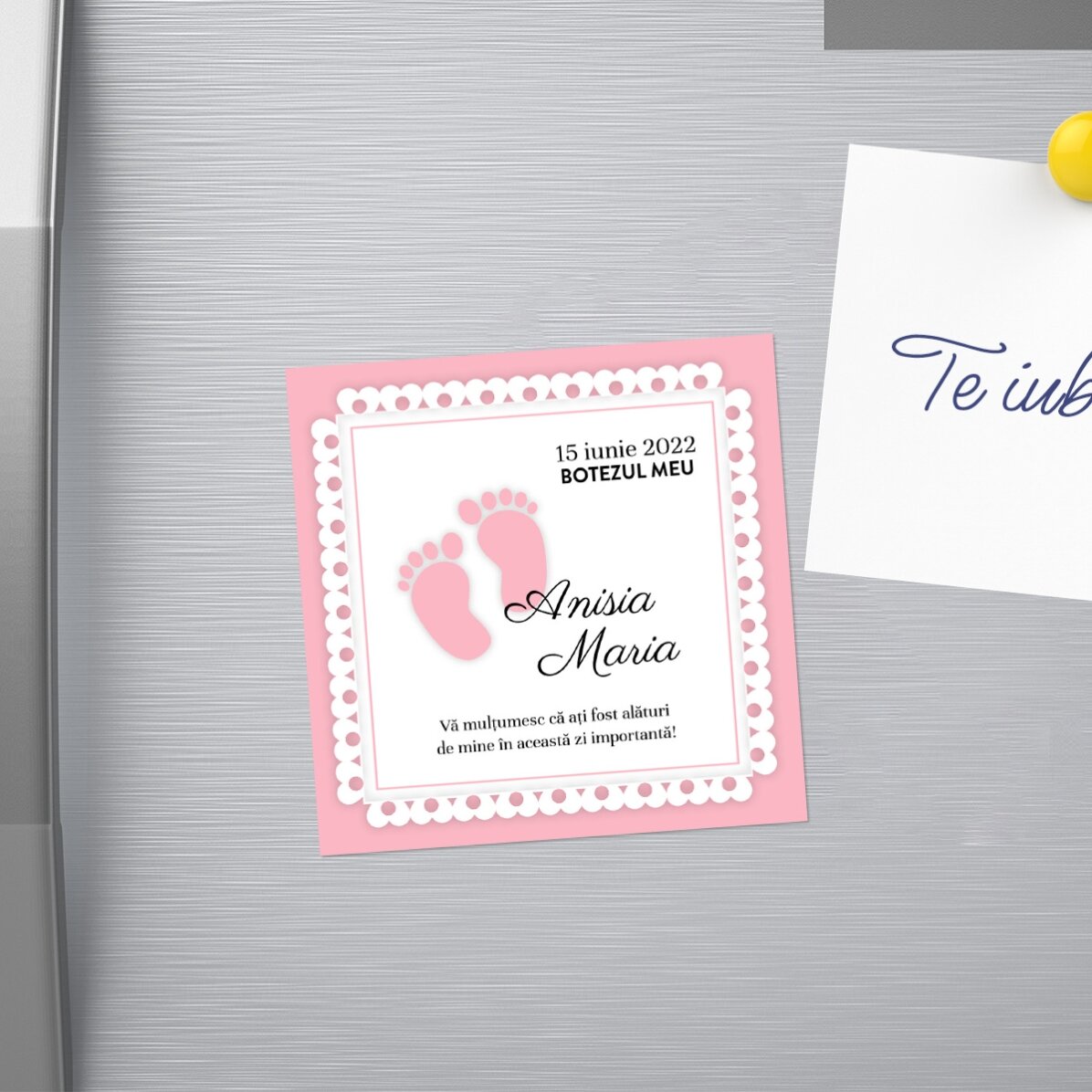 Magnet mărturie pentru botez 10x10 personalizat cu text - Piciorușe