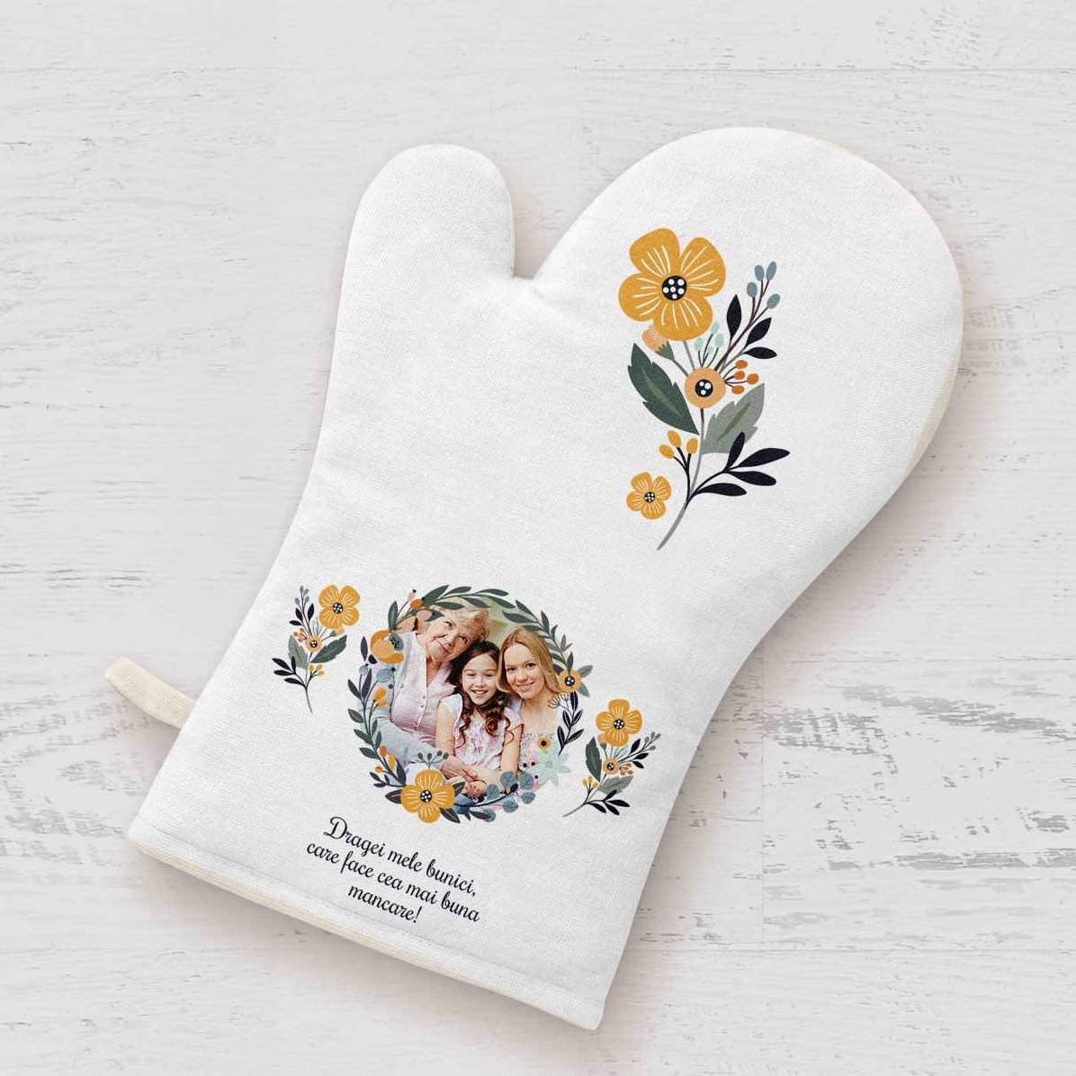 Mănușă de bucătărie personalizată cu poză și text - Model flori