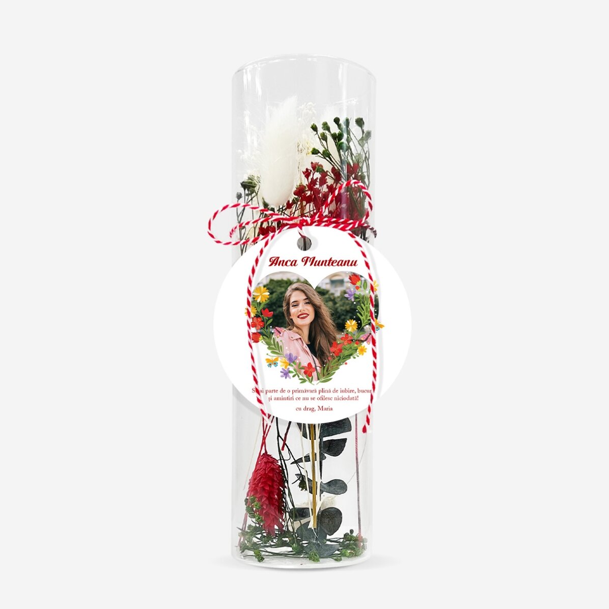 Ornament mărțișor din sticlă cu flori prezervate personalizat cu mesaj și poză - Inimă