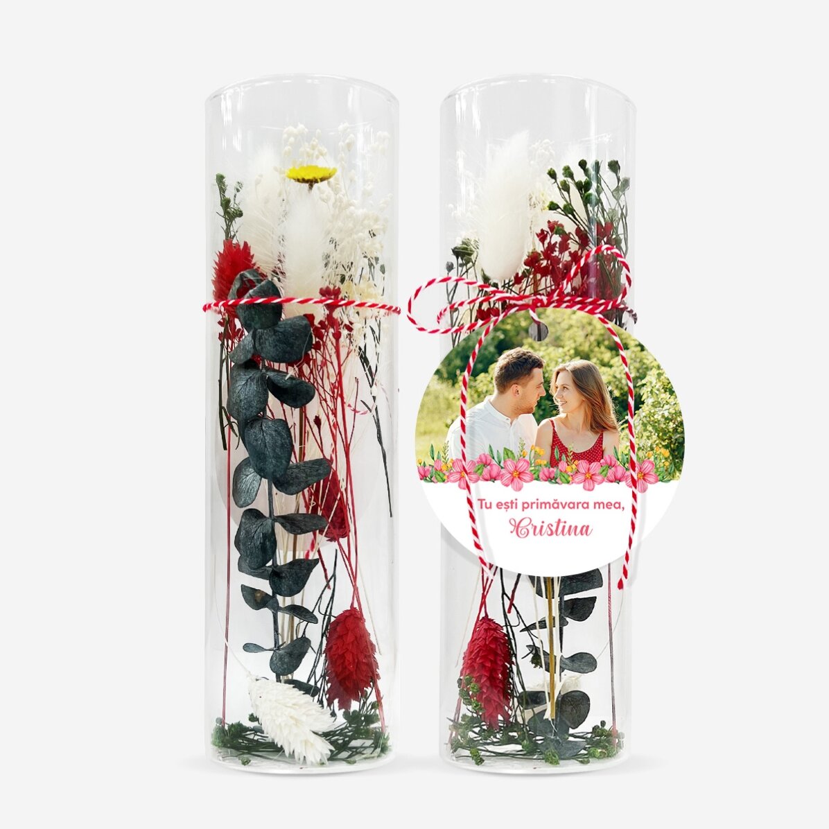 Ornament mărțișor din sticlă cu flori prezervate personalizat cu mesaj și poză - Primăvara mea