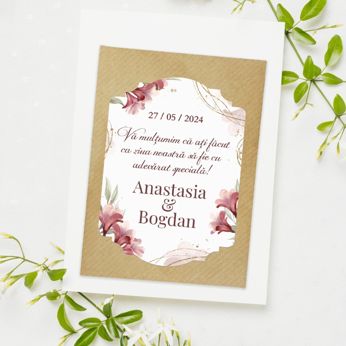 Mărturie plantabilă personalizată cu mesaj  pentru nuntă - Floral