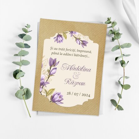 Mărturie plantabilă personalizată cu mesaj pentru nuntă - Flori mov
