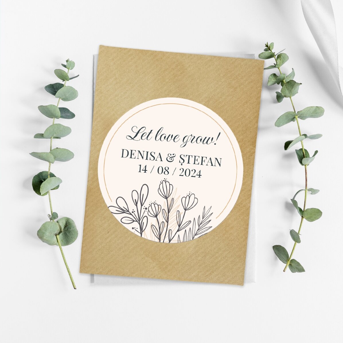 Mărturie plantabilă personalizată cu mesaj pentru nuntă - Let love grow