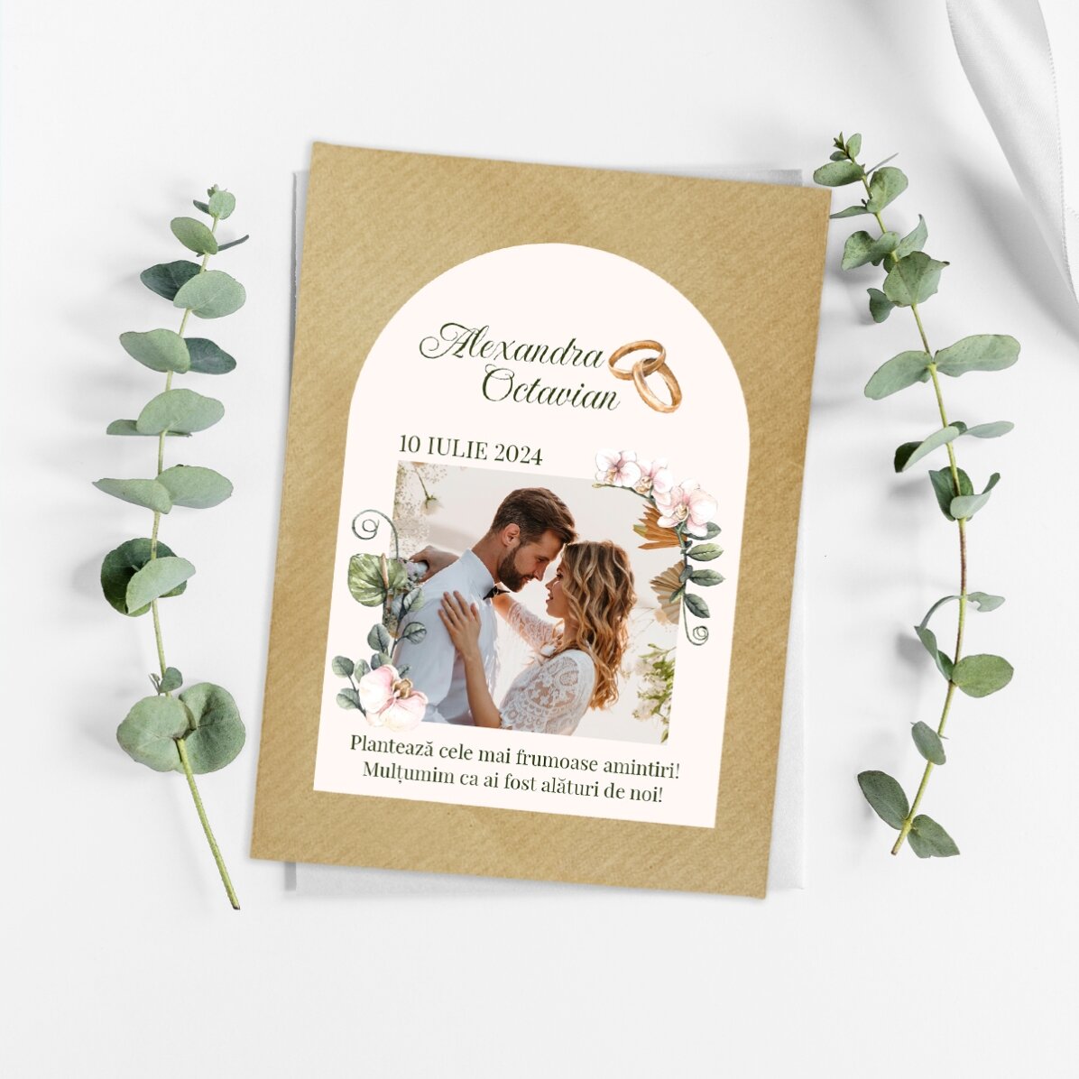 Mărturie plantabilă personalizată cu poză și text pentru nuntă