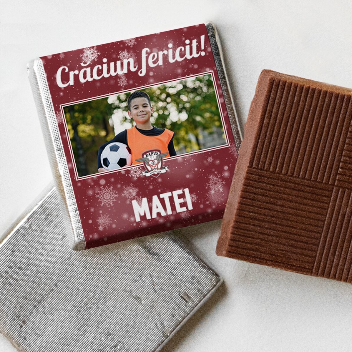 Mini ciocolată FC Rapid personalizată cu poză și text - Fulgi de nea