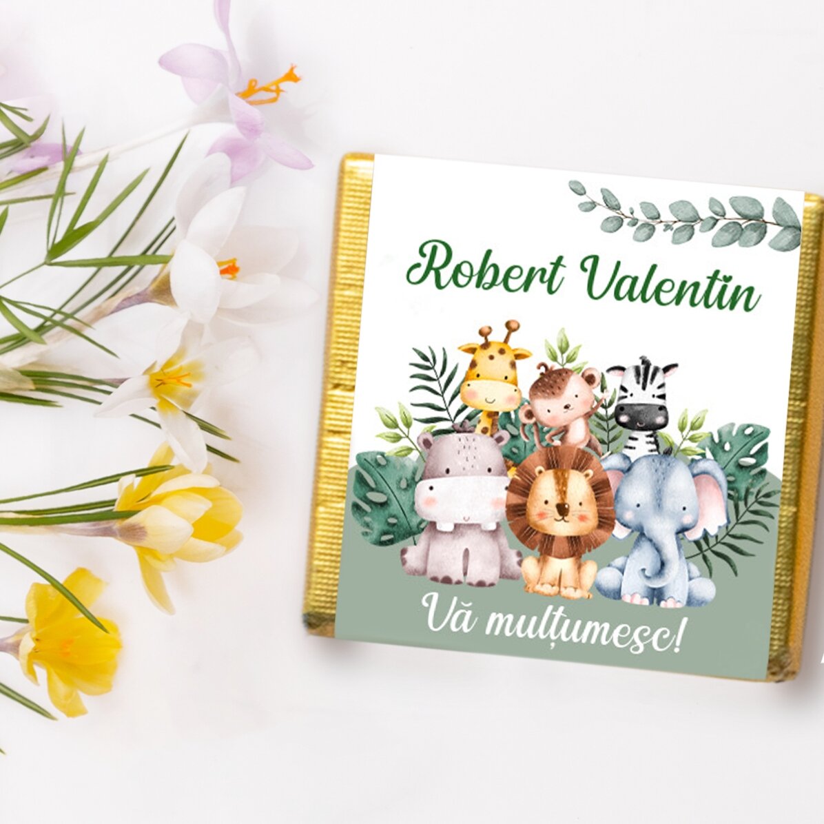 Mini ciocolată mărturie de botez personalizată - Animăluțe