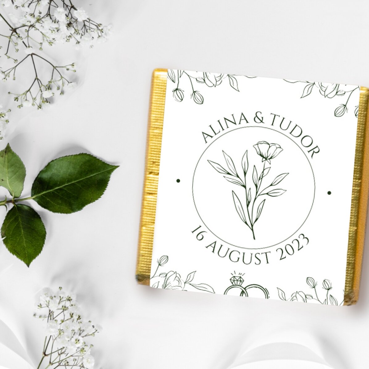 Mini ciocolată mărturie personalizată cu mesaj - model floral
