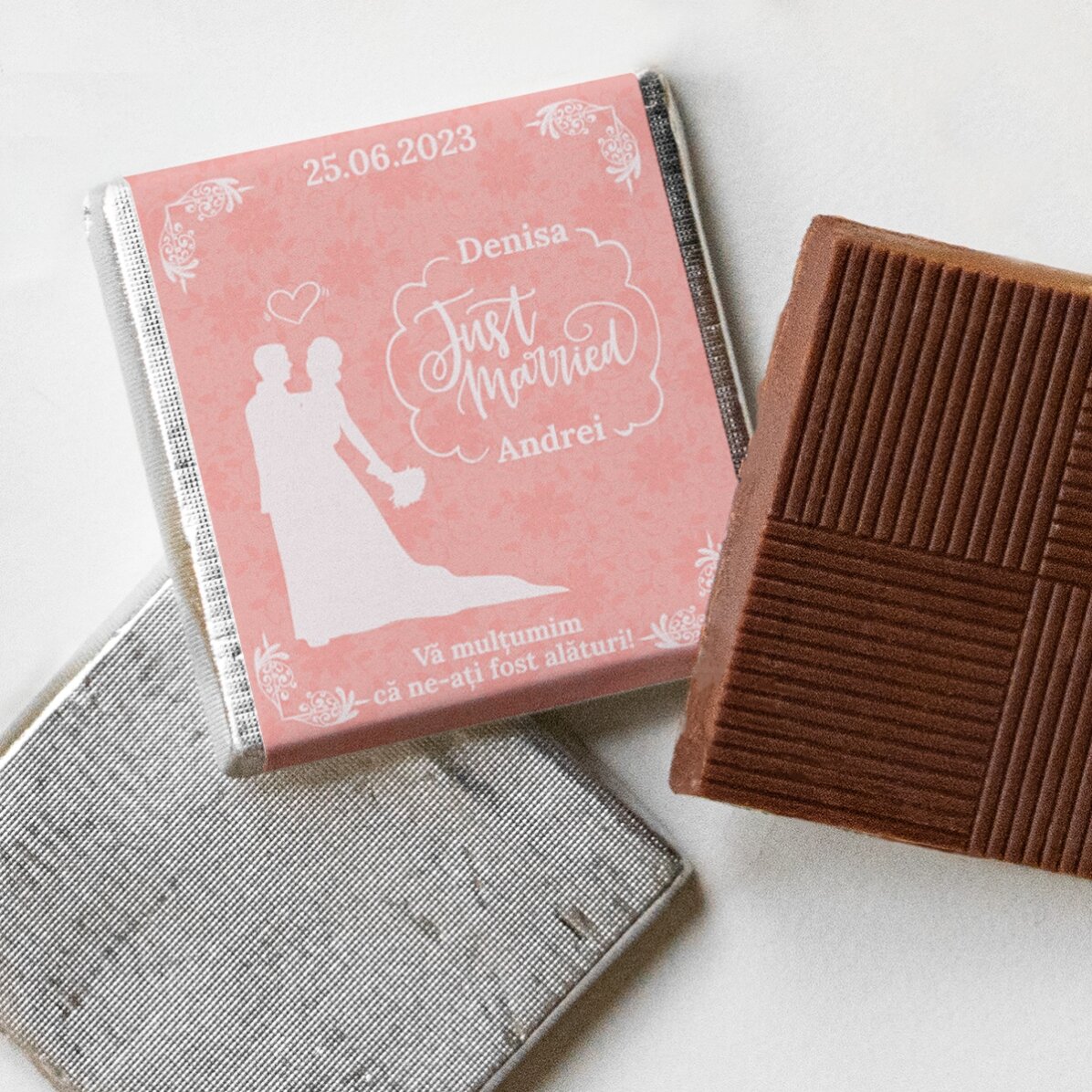 Mini ciocolată mărturie personalizată cu nume și mesaj - Just married