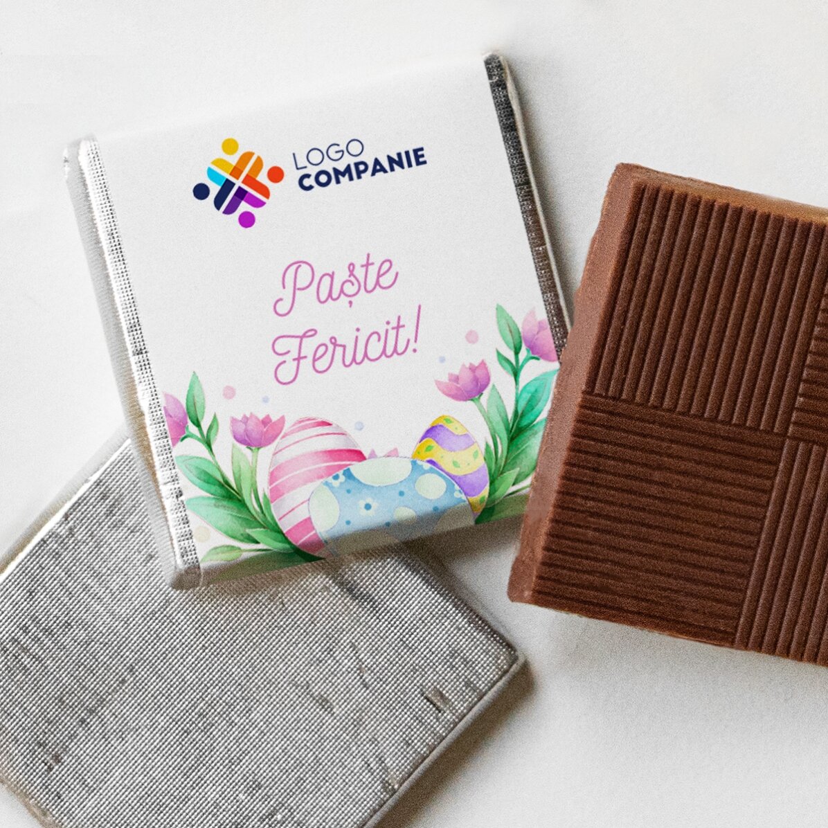 Mini ciocolată personalizată cu logo și mesaj - Paște fericit!
