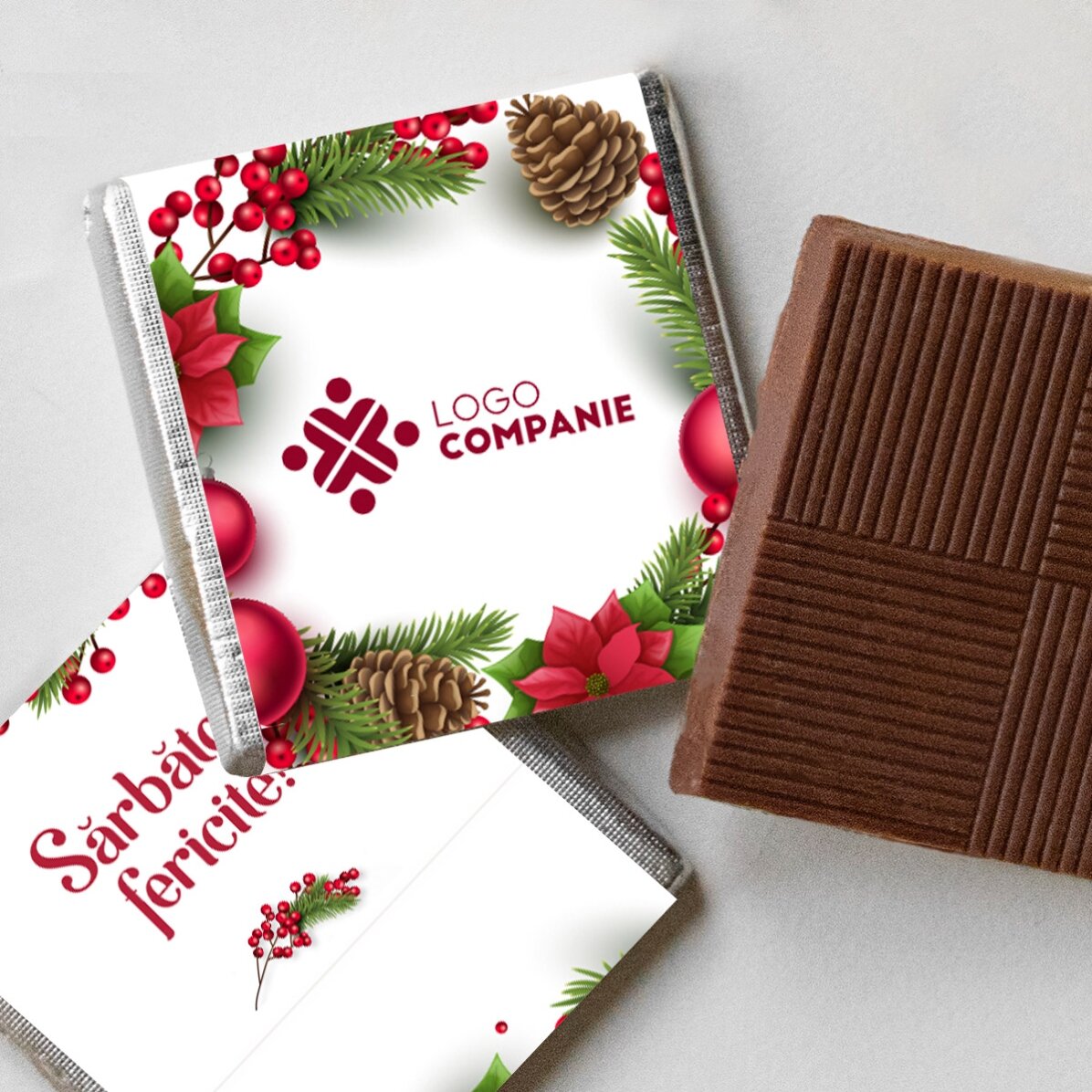 Mini ciocolată personalizată cu logo și mesaj - Sărbători fericite!