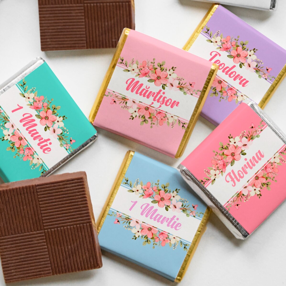 Mini ciocolată personalizată cu nume - Flori de primăvară