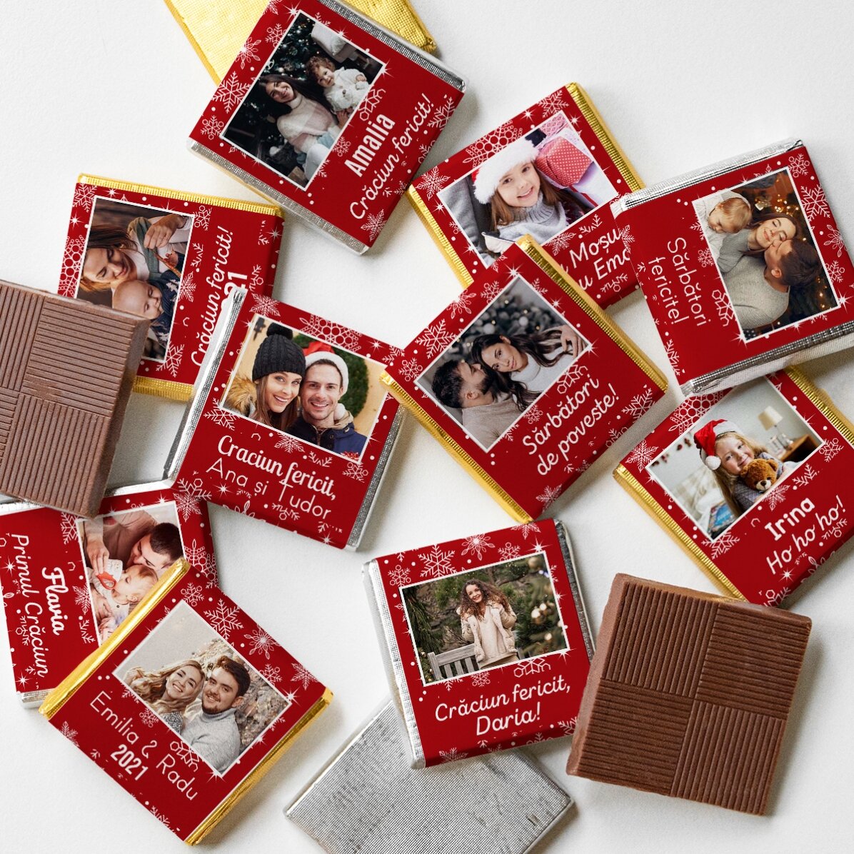 Set 10 mini ciocolățele personalizate cu poze și text - Fulgi de nea