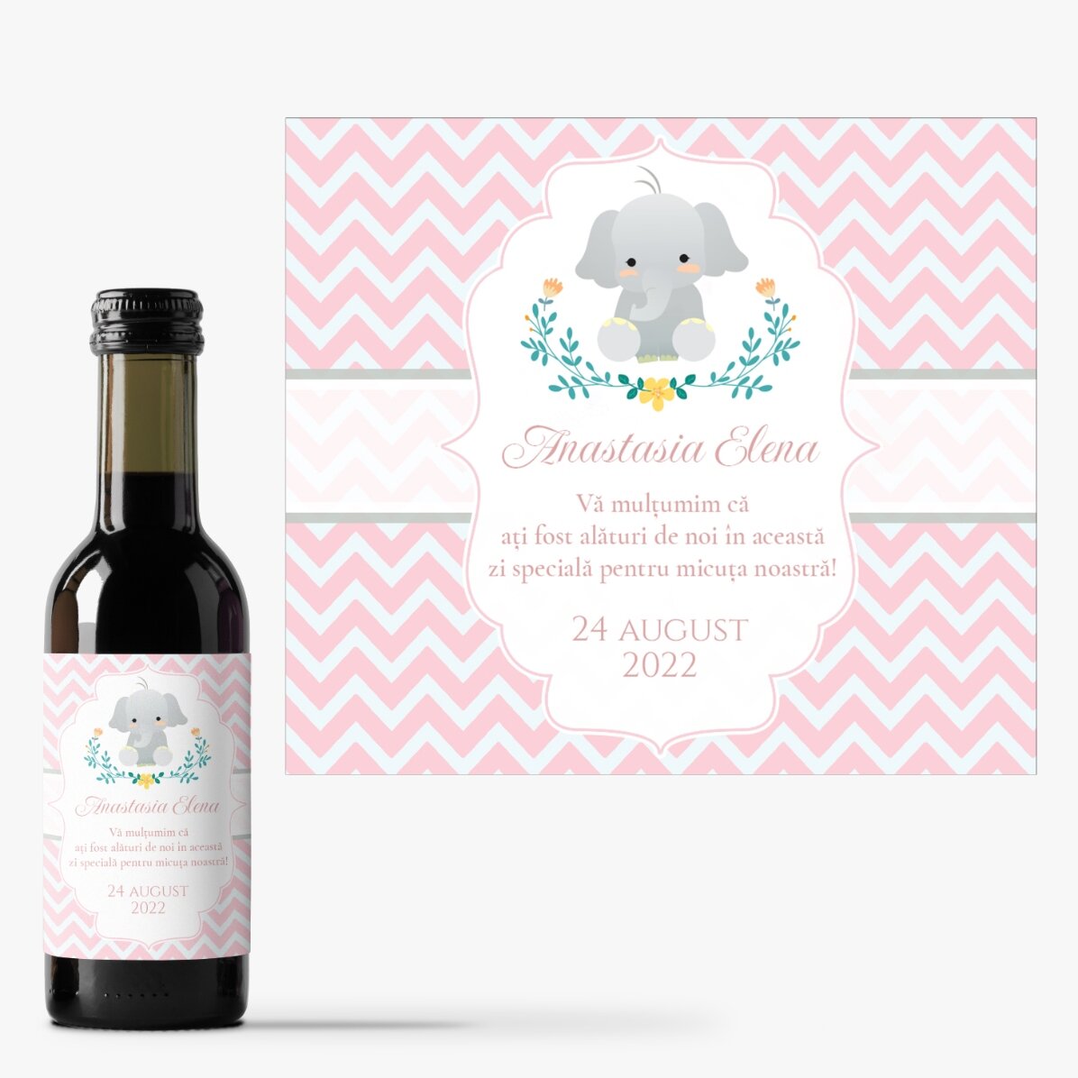 Mini sticluță de vin mărturie de botez personalizată cu text - Elefant