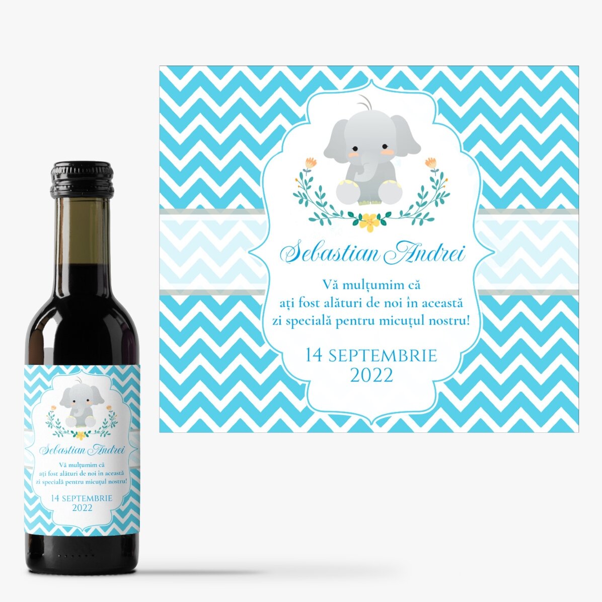 Mini sticluță de vin mărturie de botez personalizată cu text - Elefant