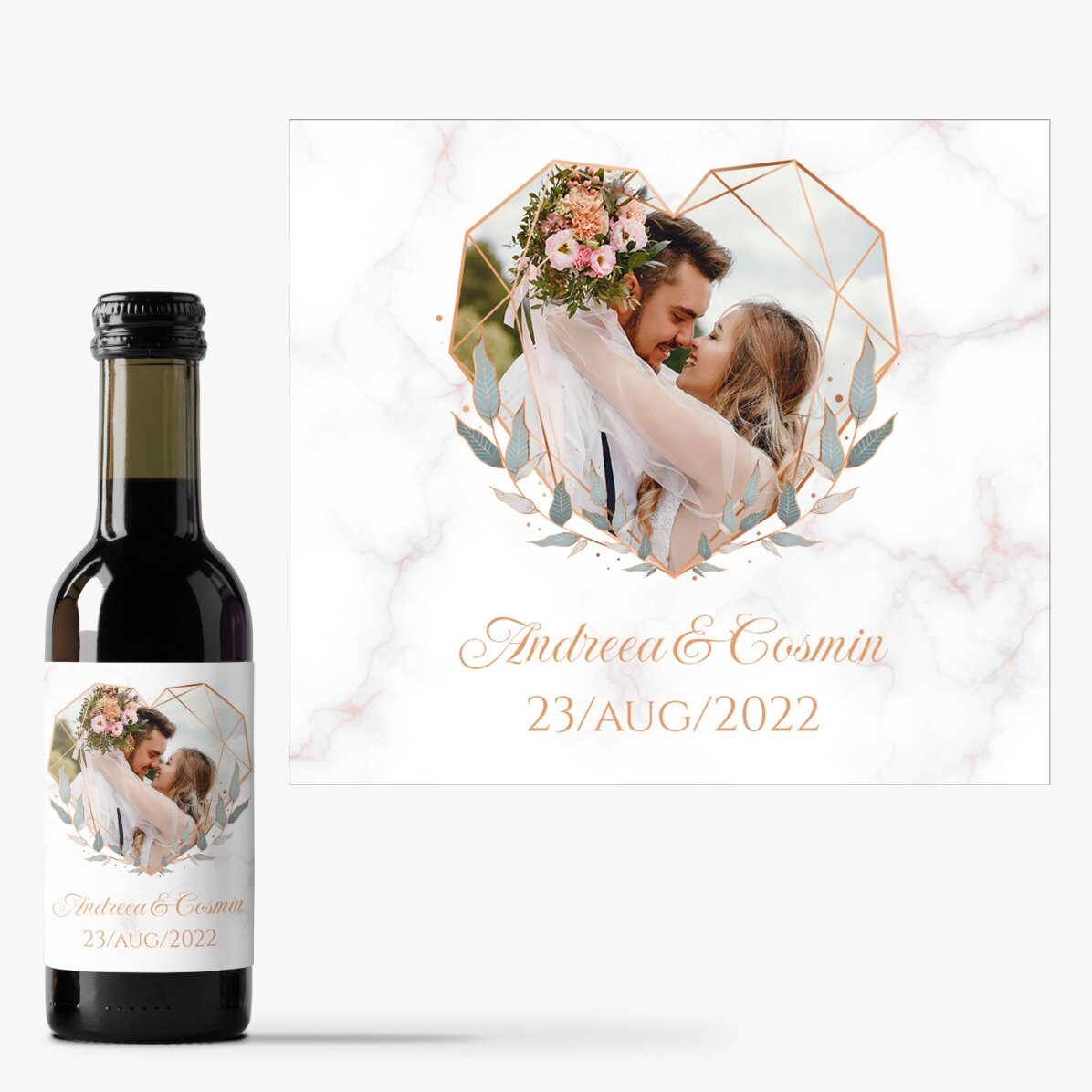Mini sticluță de vin mărturie personalizată cu o poză și text - Inimă