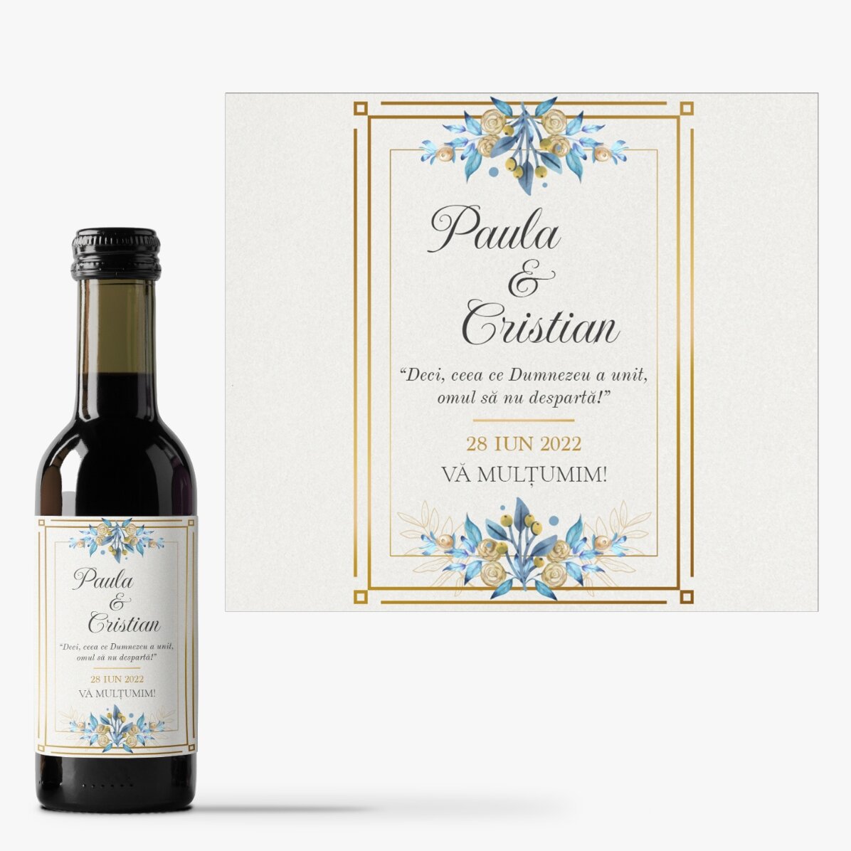 Mini sticluță de vin mărturie personalizată cu text - Mulțumim