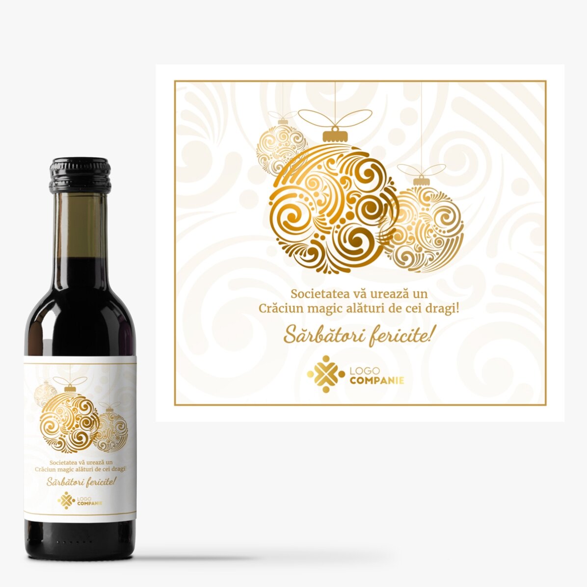Mini sticluță de vin personalizată cu logo și mesaj - Globuri aurii de Crăciun