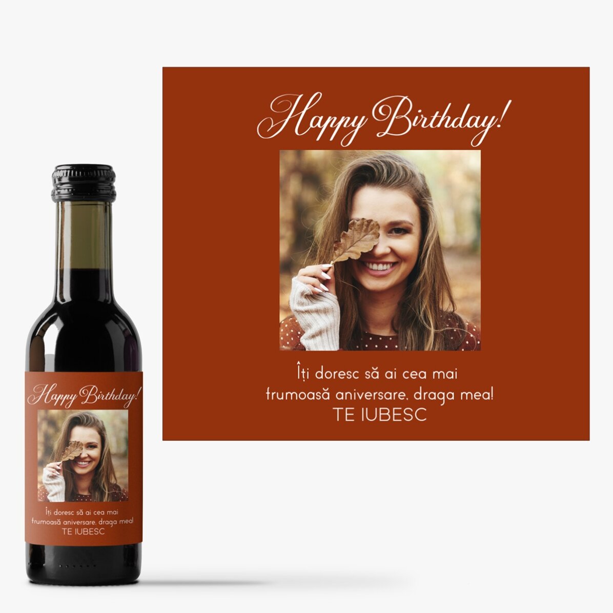 Mini sticluță de vin personalizată cu o poză și mesaj pentru cei dragi