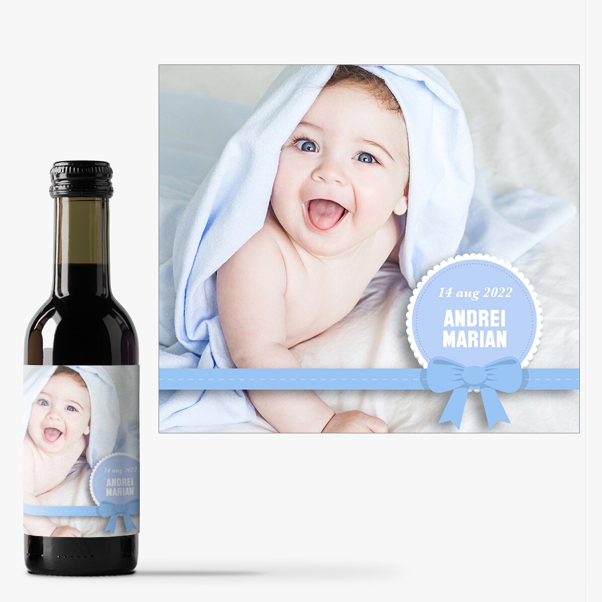 Mini sticluță de vin personalizată cu o poză și text - Mărturie de botez pentru băiețel