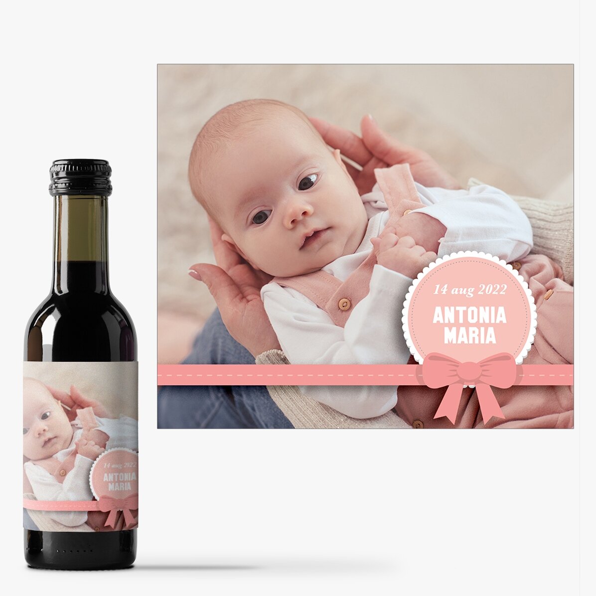 Mini sticluță de vin personalizată cu o poză și text - Mărturie de botez pentru fetiță
