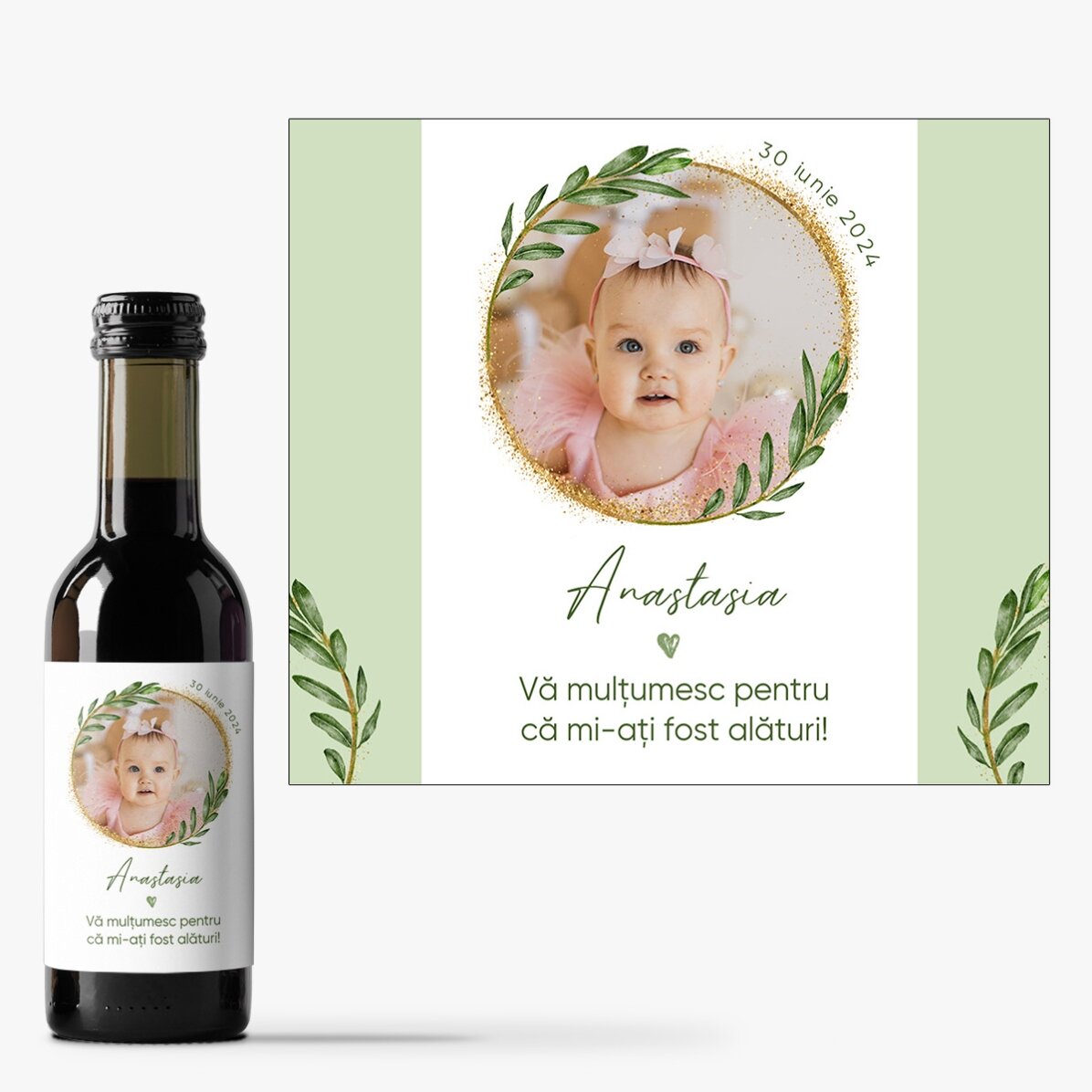 Mini sticluță de vin personalizată cu o poză și text - Mărturie pentru botez