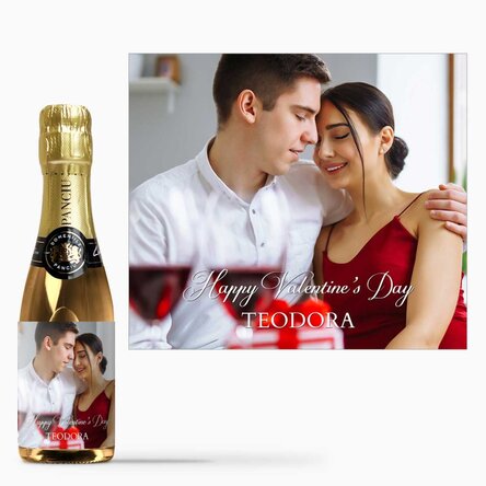 Mini sticluță de vin spumant personalizată cu o poză și text