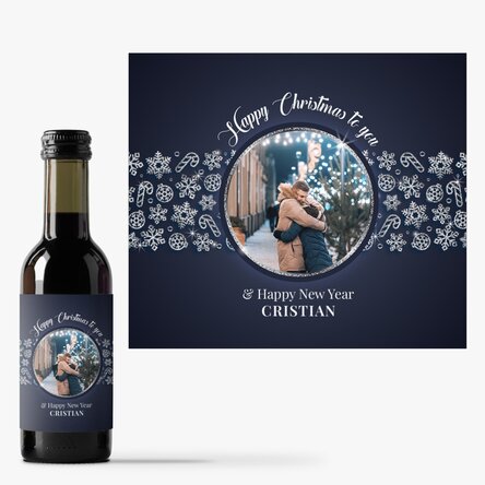 Mini sticluță de vin personalizată cu poză și text - Shiny Snowflakes