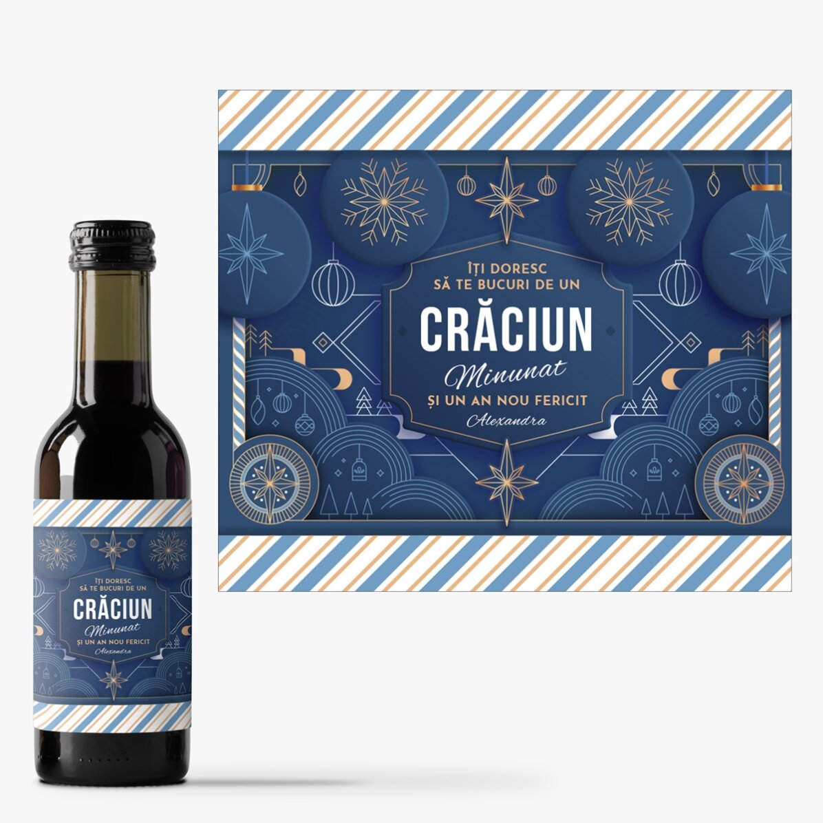 Mini sticluță de vin personalizată cu text - Blue Christmas